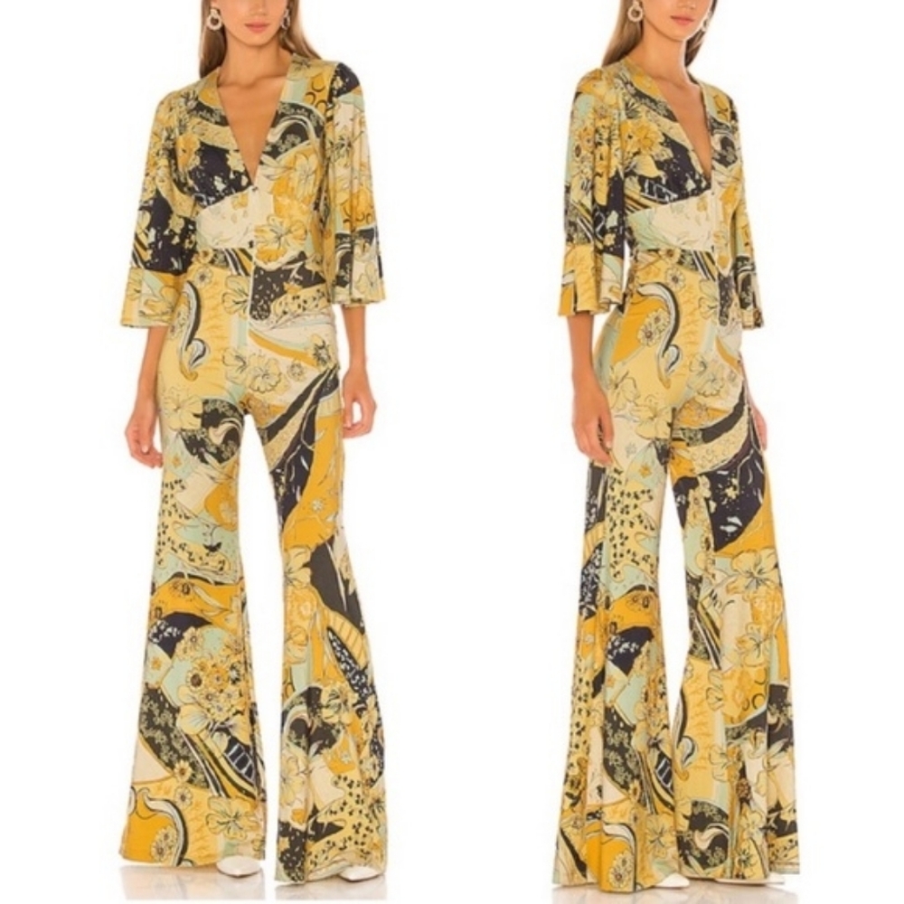 Free People Night Fever Retro Yellow Black Printed Flared Jumpsuit